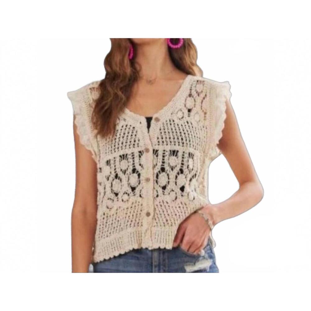 NEW PRETTY BASH crochet ruffle sleeve button-down vest top in beige